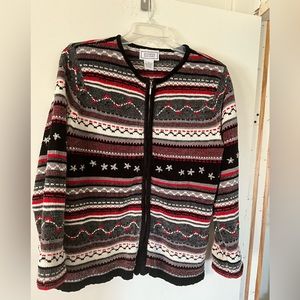 Jennifer Moore Full Zip Up Cardigan Sweater Med Red Black Gray White